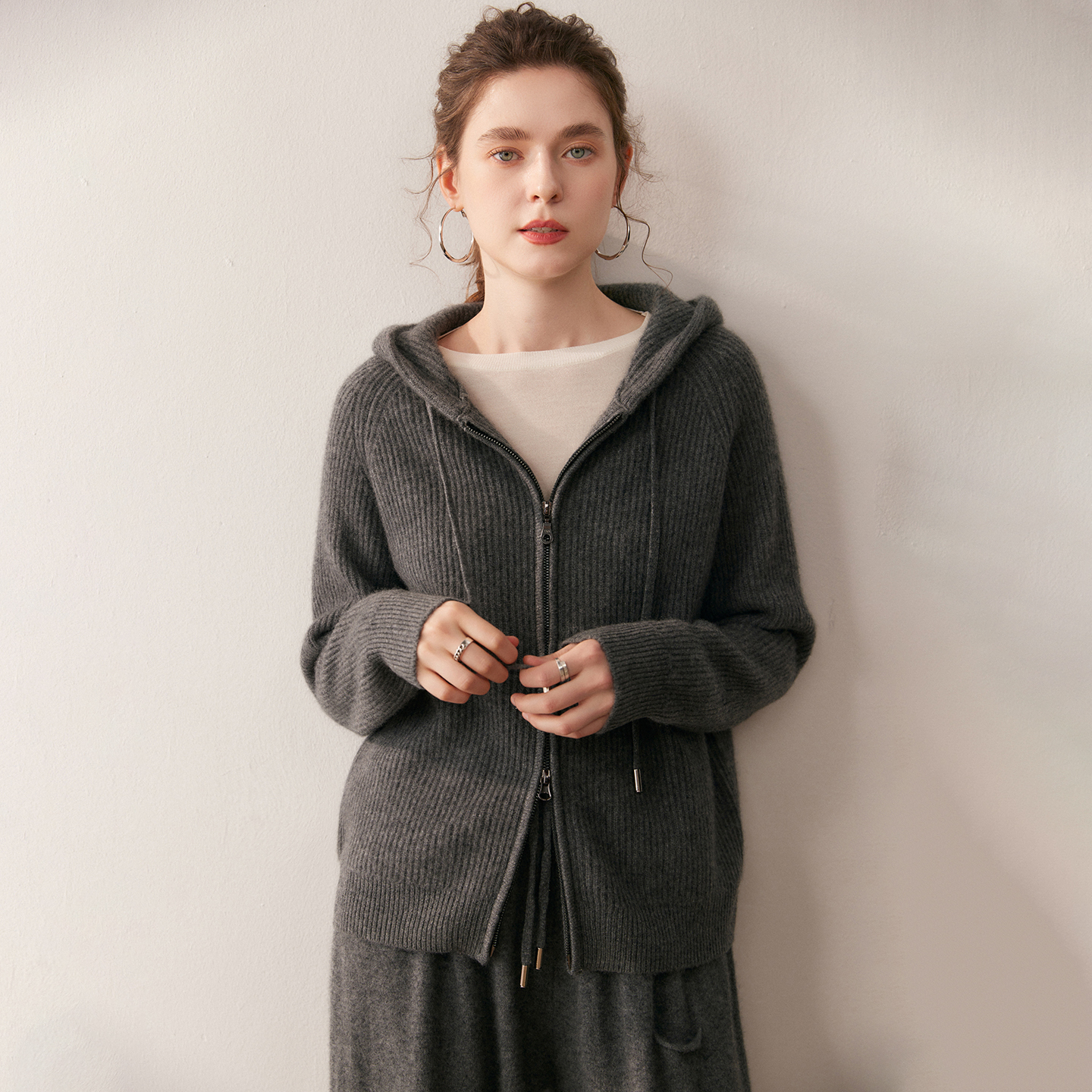 Women's Dual-Zip Cashmere Hooded Cardigan REAL SILK LIFE