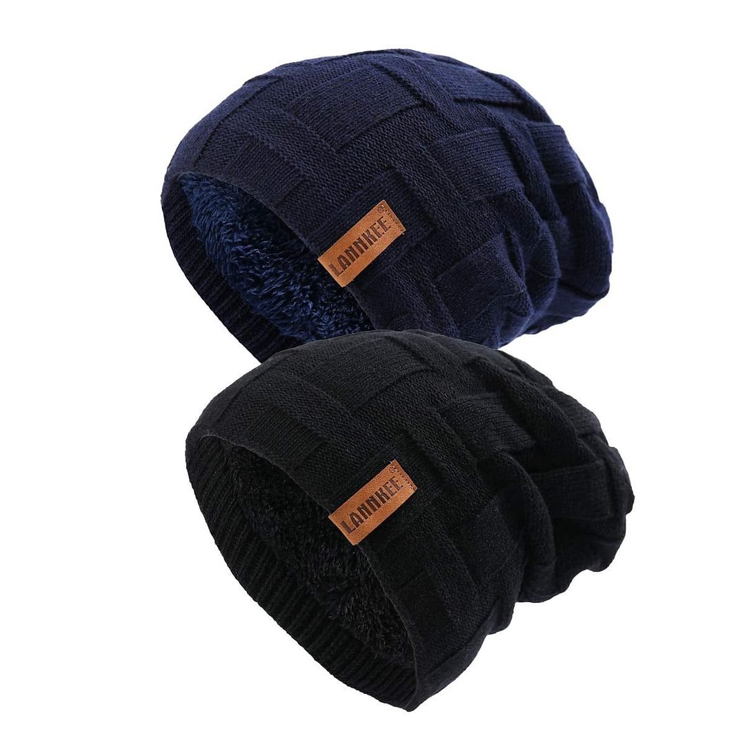 Men Winter Warm with Thick Fleece Lined Hats Knit Slouchy Thick Skull Ski Cap