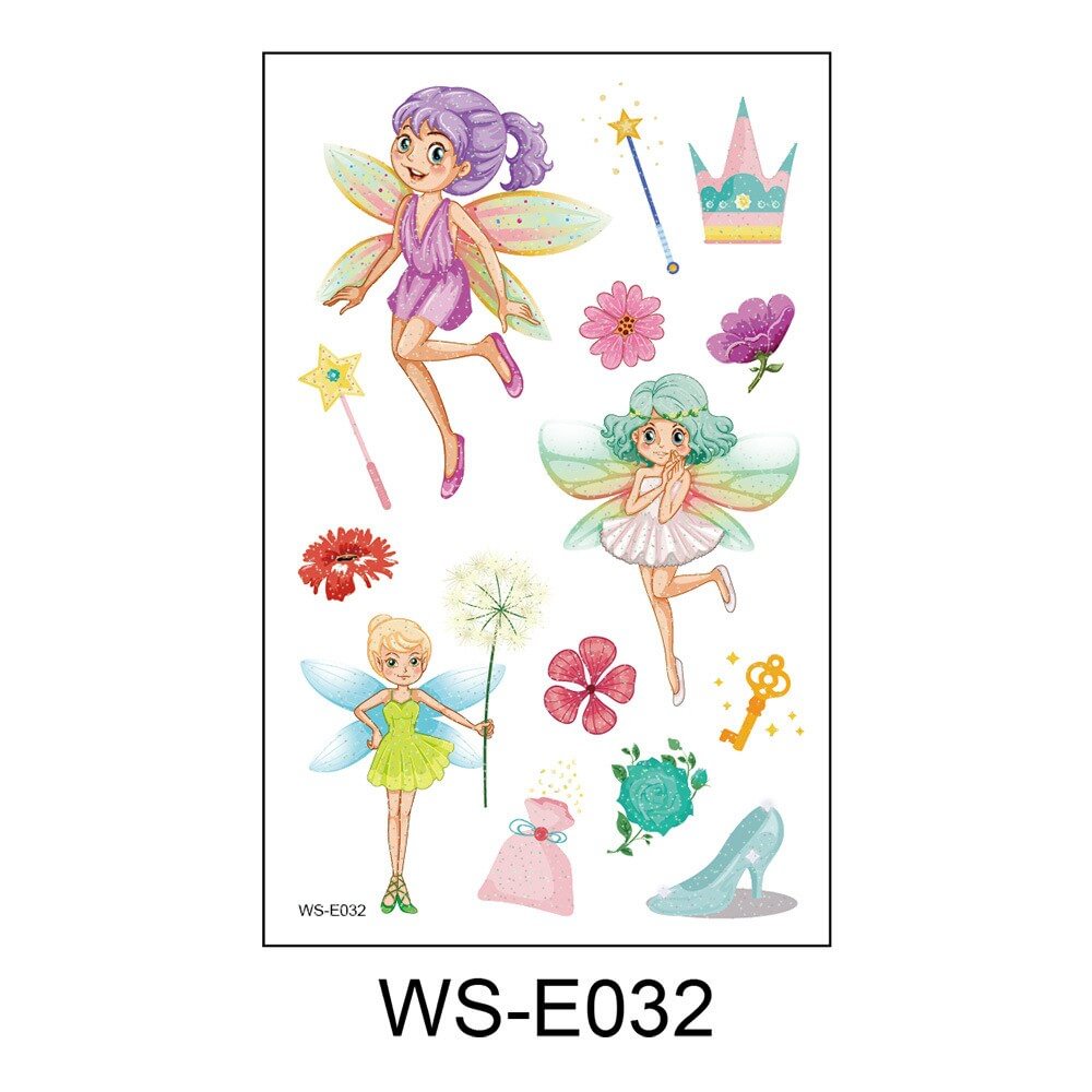 10 Kinds Glitter Powder Fairy Tattoos Butterfly Rainbow Castle Flowers Temporary Body Stickers Disposable Children Party Makeup
