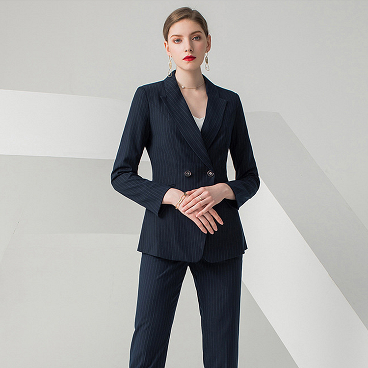 Women Navy Blue Stripes Casual All-match Professional Suit and Trousers Two-piece