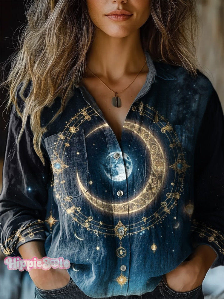 Astrology Midnight Star And Moon Art Printed Women’s Casual Long Sleeve Comfortable Cotton Shirt