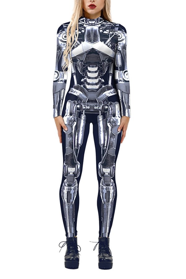 Long Sleeve Zipper Robot Print Jumpsuit Grey-elleschic
