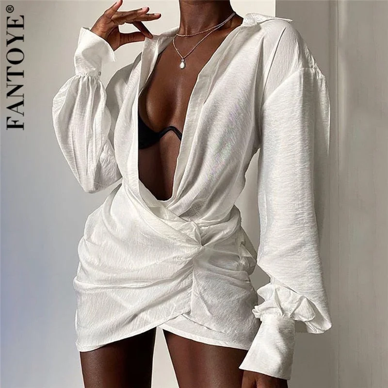 Irregular Chiffon Long Sleeve Dresses For Women Loose Sexy Deep V Neck Mini Dress Bodycon Partywear Femme Vestidos