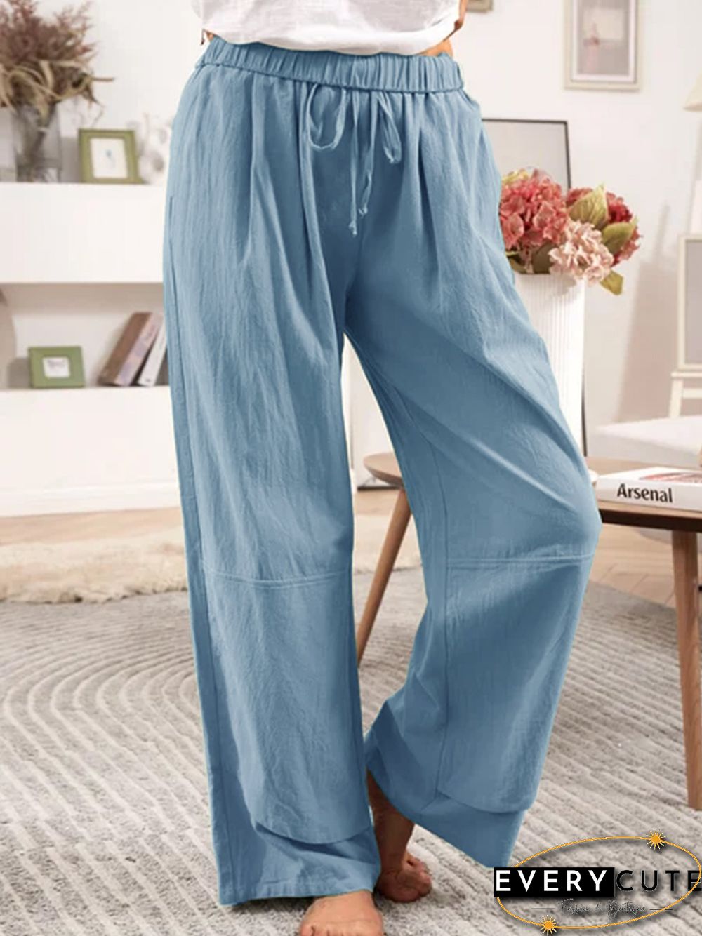 Plain Cotton-Blend Casual Pants