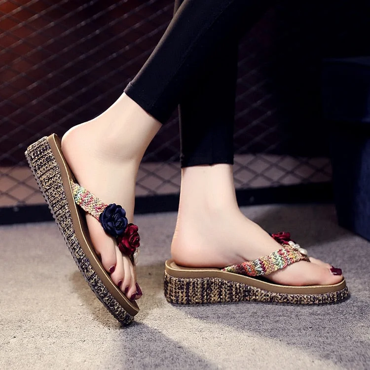 3cm High Heel Women  Summer Seaside Non-slip Wear-resistant Platform Sandals Wedge Heel High-heeled Fashion Flip-flops Shoes