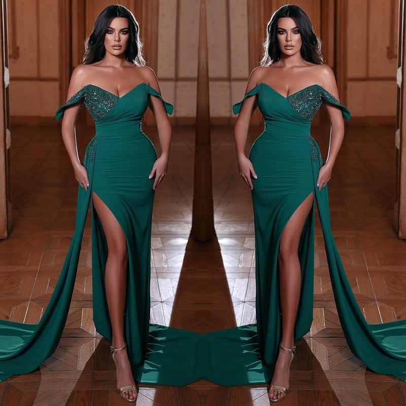 Emerald Off-The-Shoulder V-Neck Mermaid Evening Dress With Ruffles ...