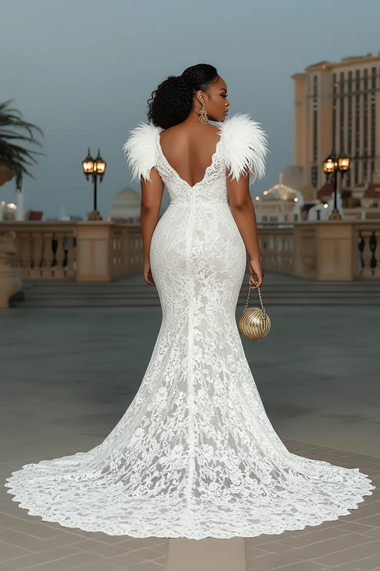 Fluffy Patchwork Fitted Mermaid Gowns Lace Maxi Dresses-White [Pre Order]