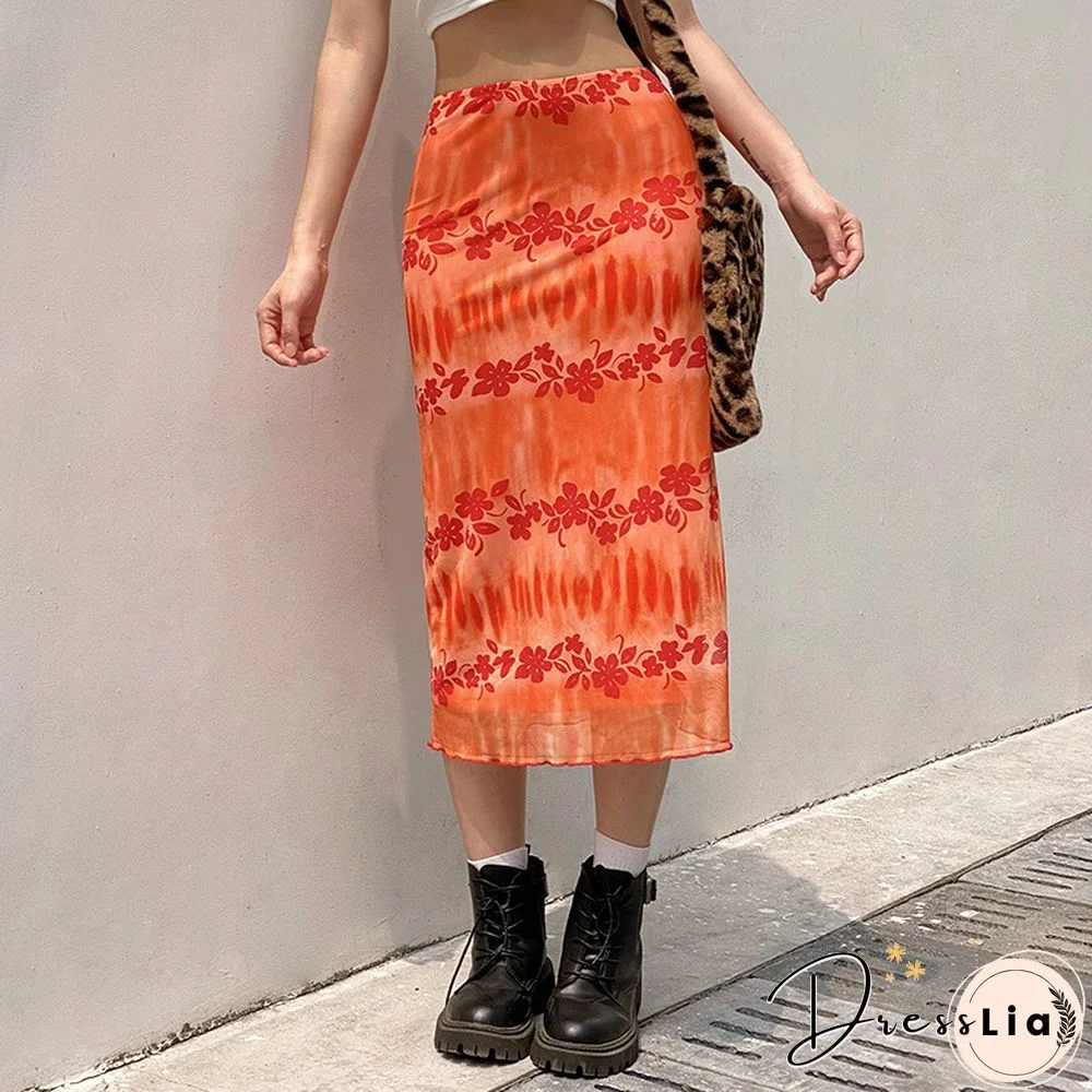 Fashion Summer Women Boho Beach Casual Style Skirts Female High Waist Floral Printing Orange Midi Skirt Party Holiday Clothing