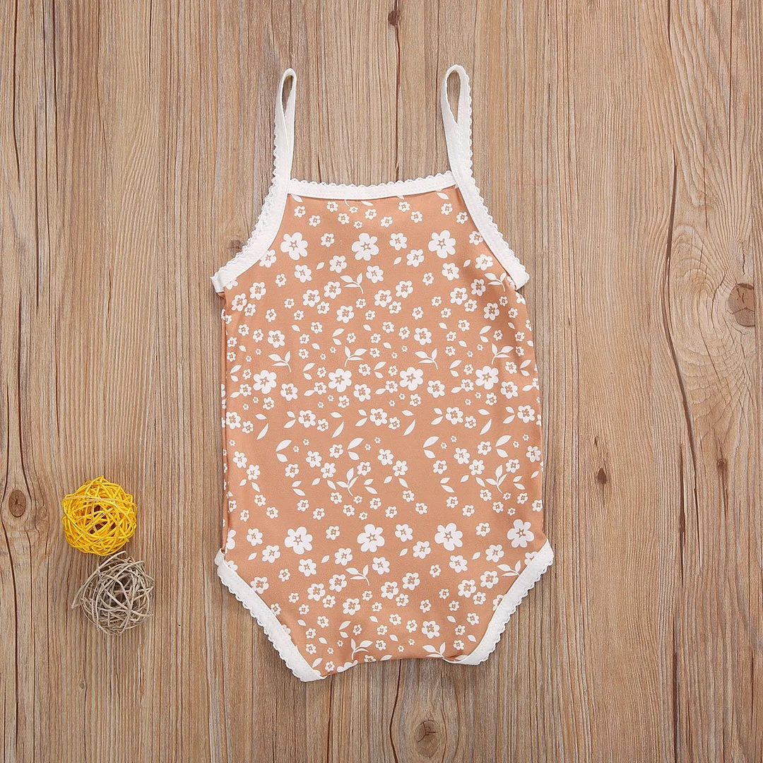 Infant Camisole Romper Floral Print Bow Decoration Bottom Buckle Summer Cool Lace Clothing
