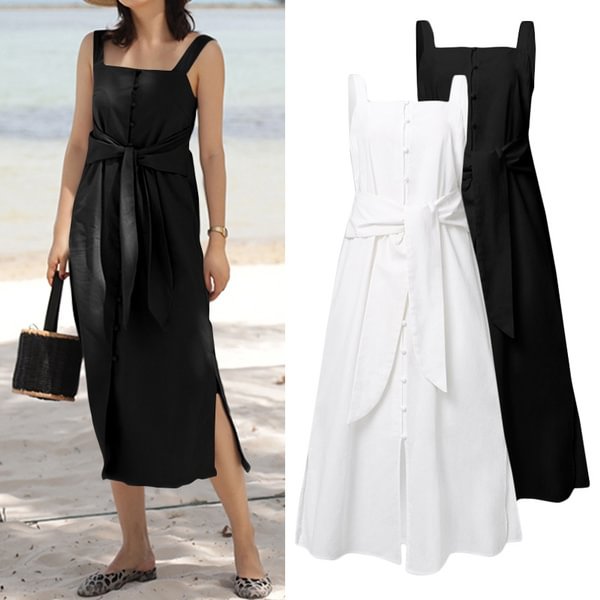 Plus Size Women Cotton Linen Long Dress Split Hem Party Holiday Casual Sleeveless Sundress Vestidos - Shop Trendy Women's Clothing | LoverChic