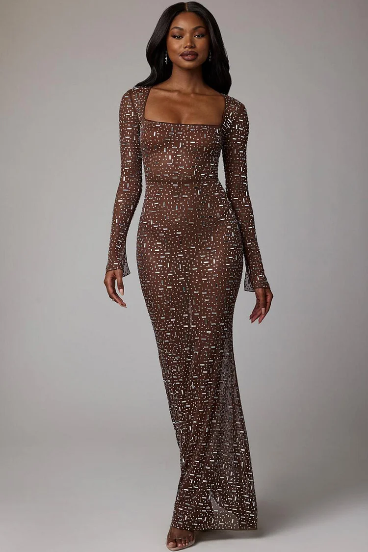 Rhinestone Embellished Square Neck Long Sleeve Maxi Dress-Coffee