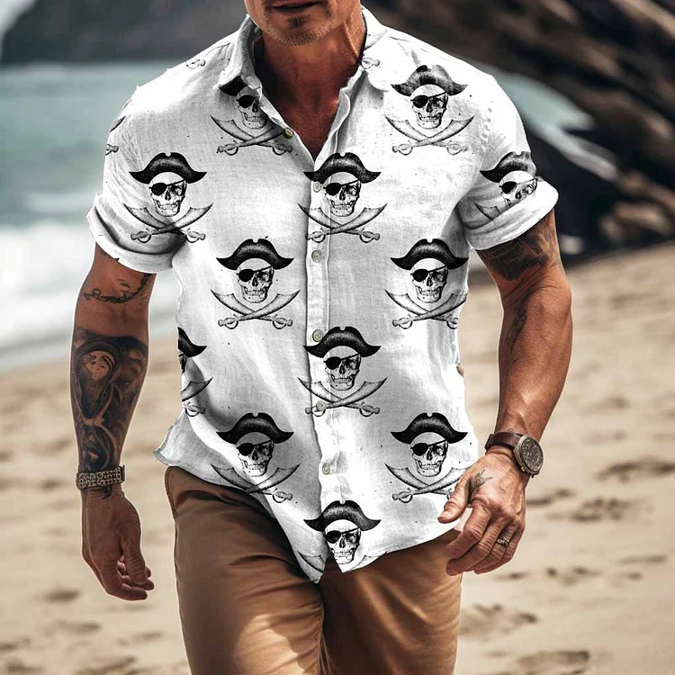 Men's Pirate Skull Hawaiian Beach Short Sleeve Shirt socialshop