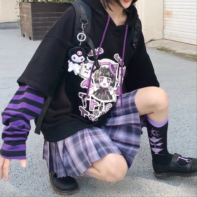 Cartoon Long  Striped Sleeve Anime Hoodies Women Hip Hop Harajuku Kawaii Pullover Autumn Winter Loose Vintage Hooded Sweatshirt