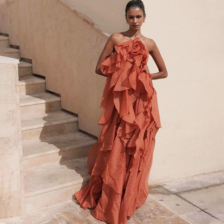 Halter Ruffle 3D Flower Dress