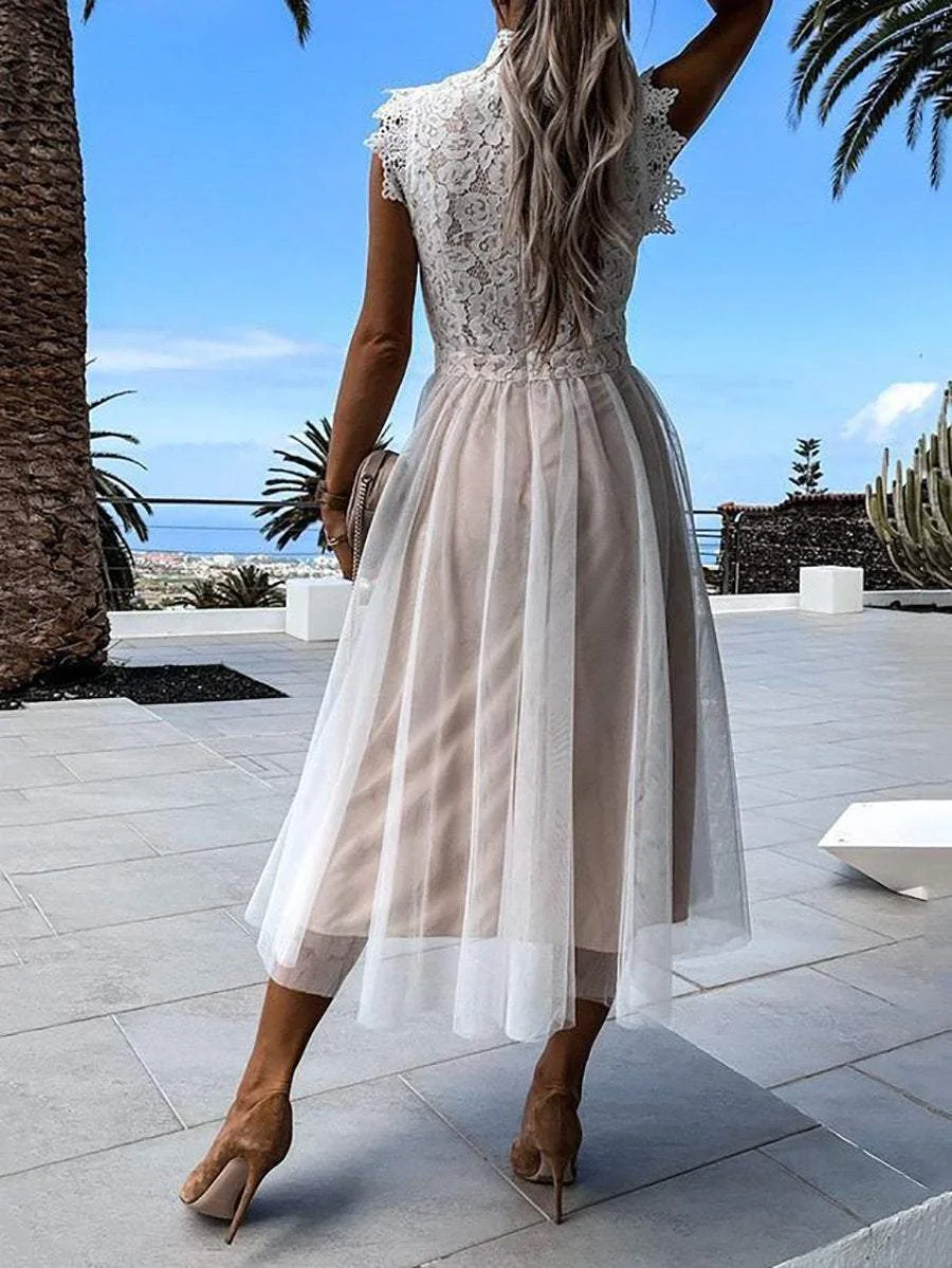 Sleeveless Midi Dress in Lace and Mesh