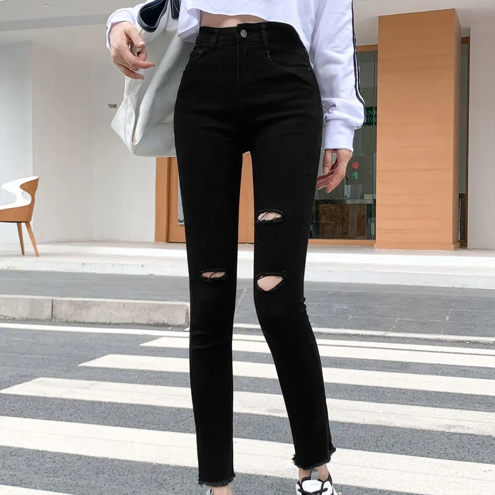 Jeans Pants Women Denim Holes Leggings Black Skinny Jean Trousers Autumn New High Waist Casual Elastic Slim Jeans Pencil Pants