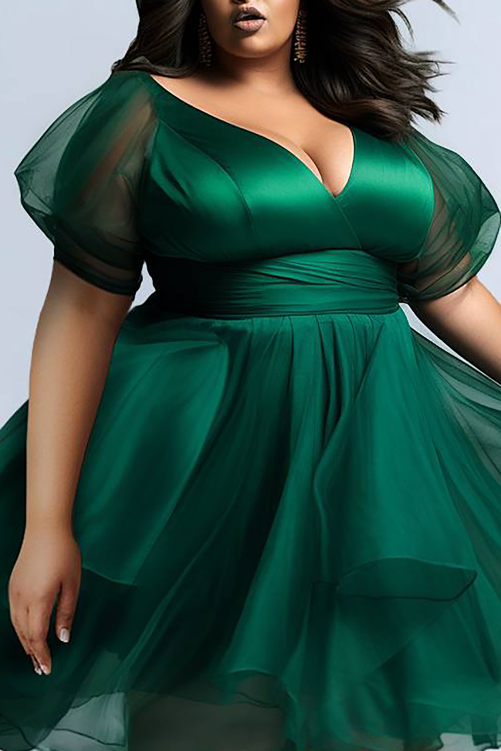 Design Plus Size Semi Formal Elegant Green Spring Summer V Neck Puff Sleeve Short Sleeve Tulle Midi Dresses [Pre-Order]