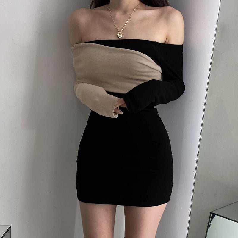 Dralon Patchwork Cold-shoulder Off-neck Dress Women's Tight-fitting Cinched Hip Skirt Clothing