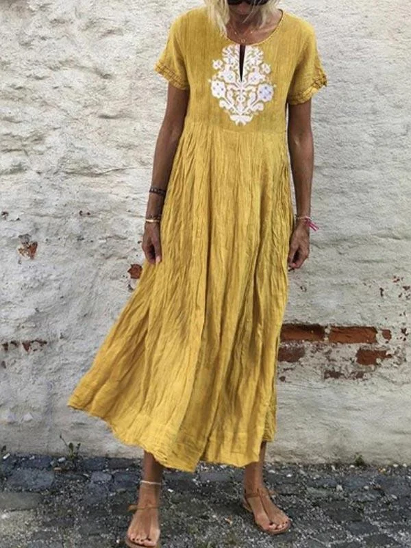 Women's loose fashion V-neck printed cotton and linen dress-Mayoulove
