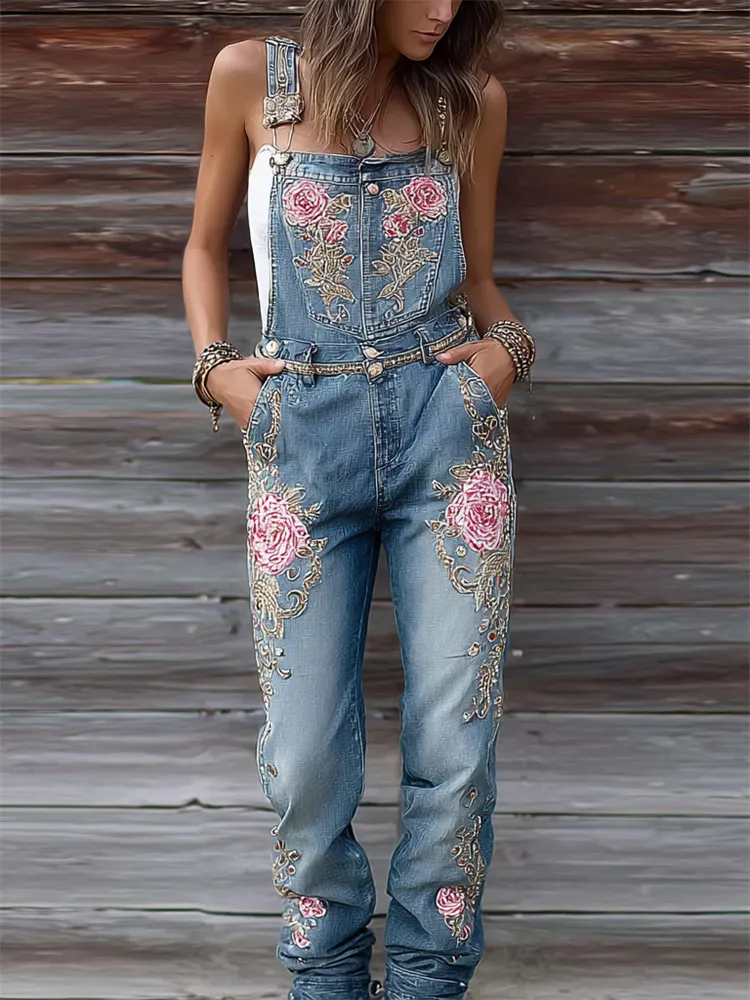 Boho Pink Roses Embroidered Washed Denim Overall Jumpsuit