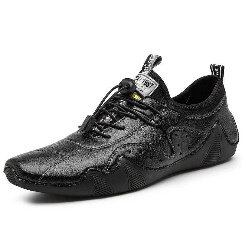 Men's Leather Breathable Handmade Soft Casual Driving Shoes Elastic Band Loafers