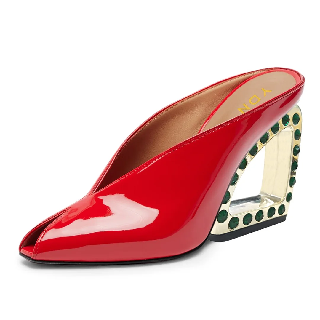 Red Patent Leather Peep Toe Rhinestone Sculptural Heel Mules Shoes