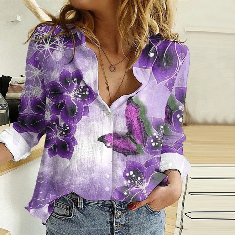 Vintage Butterfly Print Long Sleeve Shirt