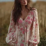 Bohemian Style Pink Floral Design V-neck Long-sleeve Top - Image 2
