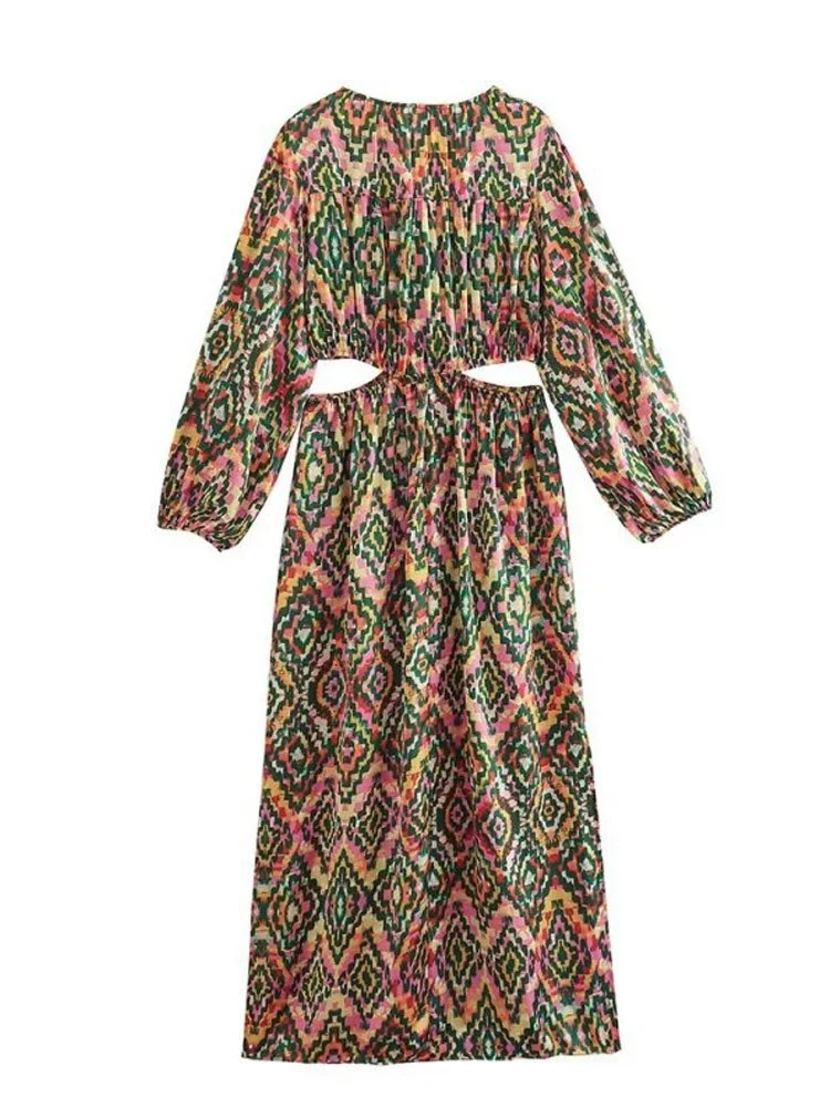 Uveng 2023 Women Summer MIDI Dress Vintage Print V-Neck Hollow Out Long Sleeve Female Elegant Split Dresses Clothing