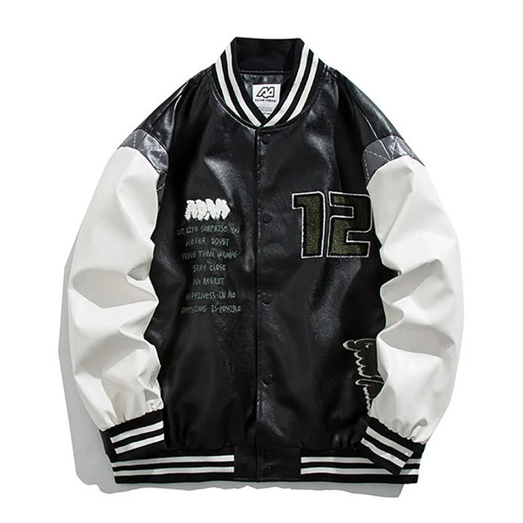 2023 New PU Leather Baseball Jacket Mens Letter Embroidery Patchwork Motorcycle Jackets Casual Loose Hot Sale Varsity Coats Unisex