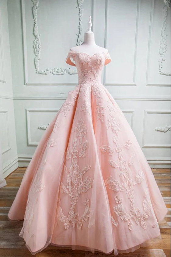 Charming Pink Sweetheart Off The Shoulder Wedding Dress Appliques Bridal Gown Tulle | Ballbellas Ballbellas