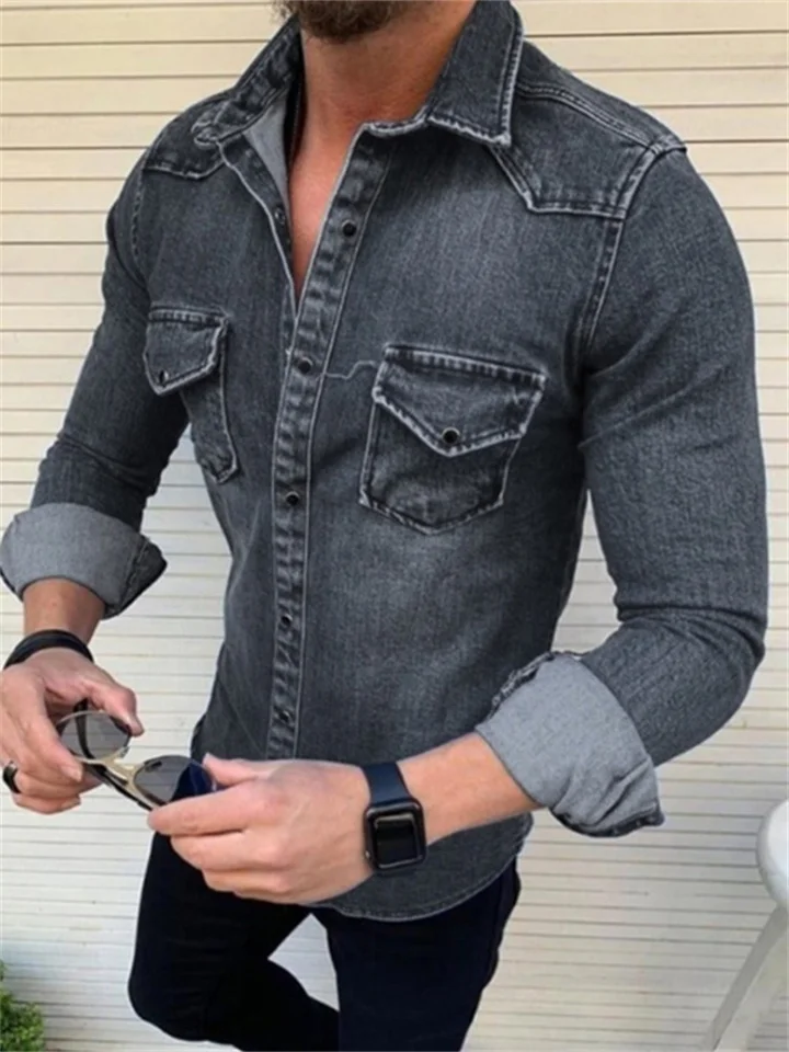 Men's Denim Shirt Solid Color Collar Black Blue Royal Blue Light Blue Gray Street Daily Long Sleeve Button-Down Clothing Apparel Denim Casual Comfortable Pocket