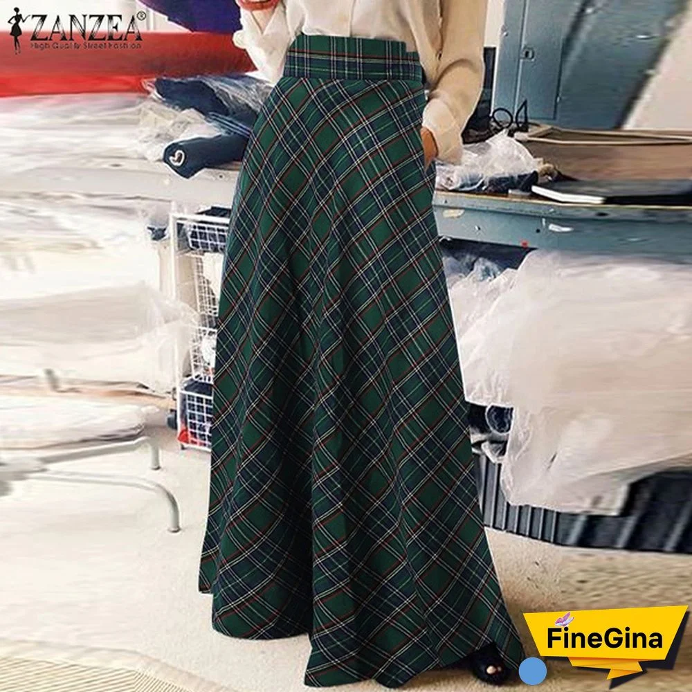 Summer Women Vintage A-Line Skirt Casual High Waist Plaid Checked Party Holiday Maxi Long Skirts