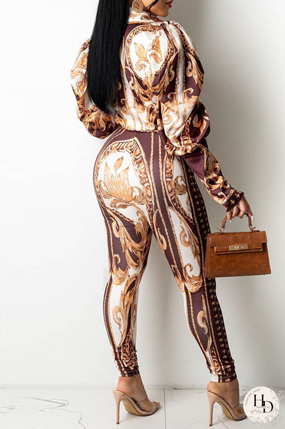 Brown Casual Print Patchwork Turndown Collar Long Sleeve Two Pieces