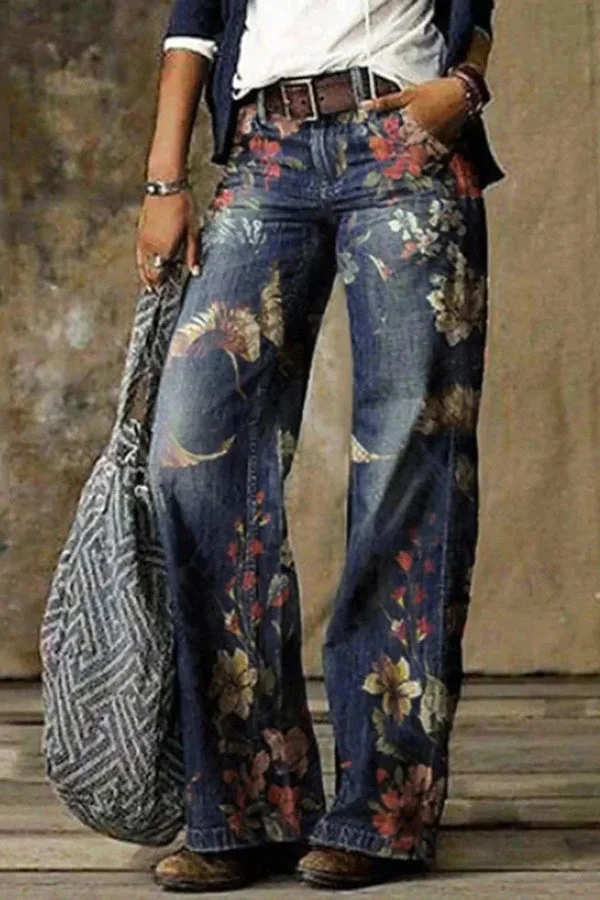Alison Retro Print Pocketed Loose Jeans