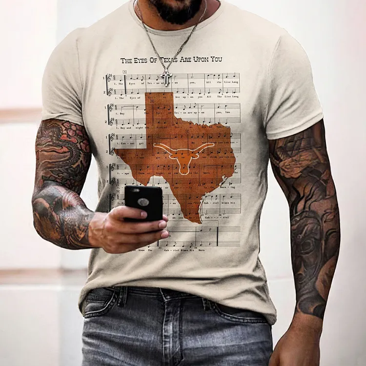 Men's Vintage Texas Music Print Crew Neck Short Sleeve T-shirt