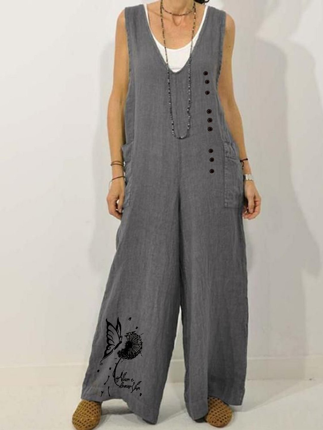 Single-breasted V Neck Overall Jumpsuit