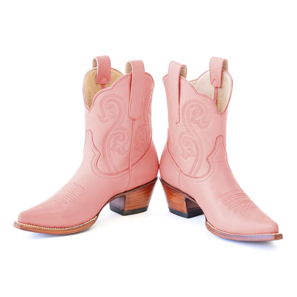Light Pink Snip Toe Chunky Heel Embroidered Western Ankle Boots
