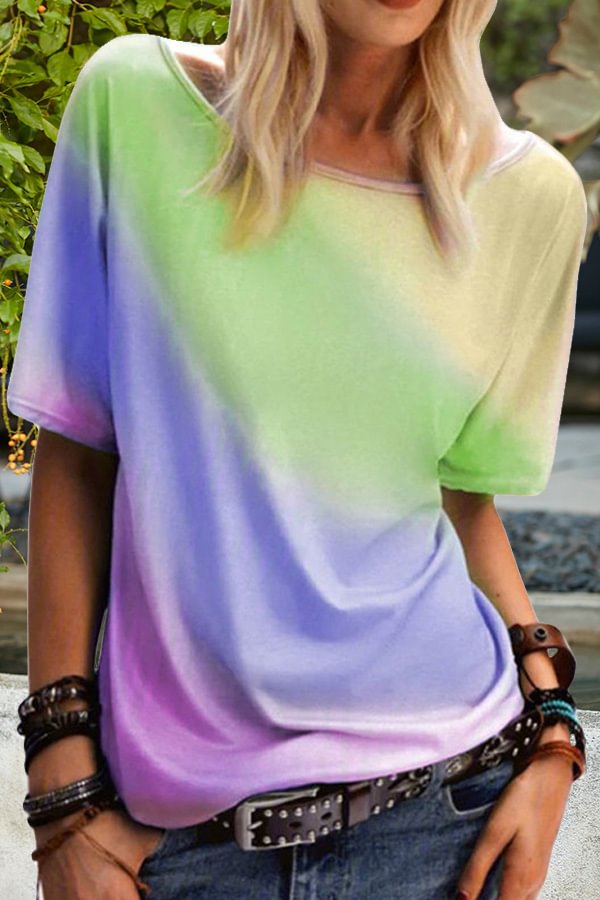 Casual Rainbow Print Crew Neck Short Sleeves T-shirt