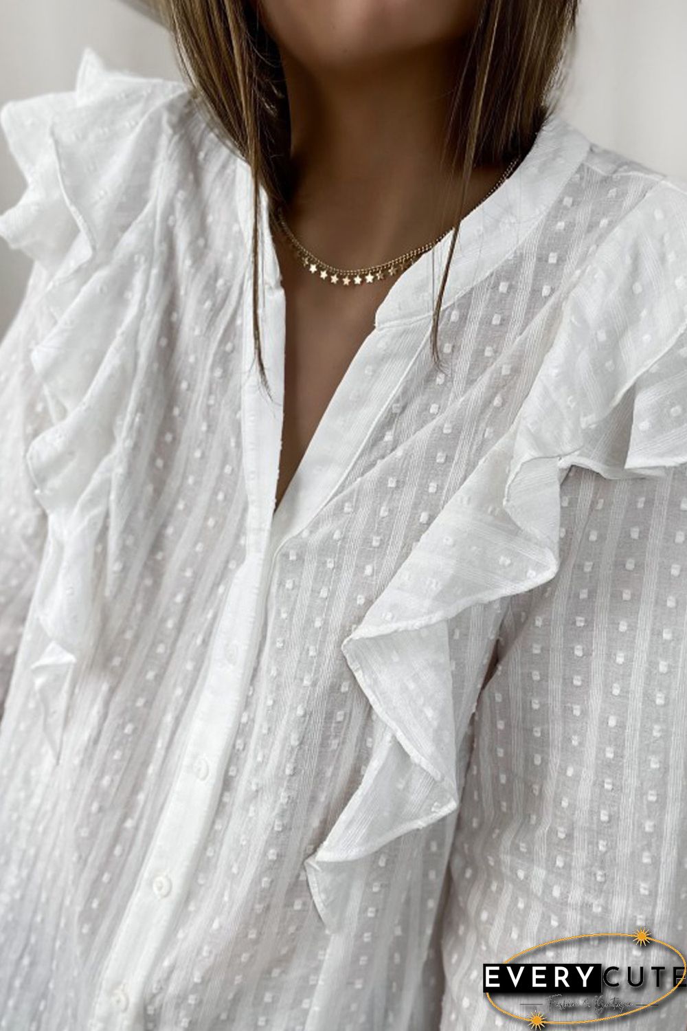 White Dotted Texture Sheer Ruffles Bubble Sleeves Shirt