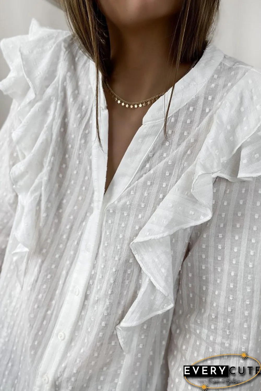 White Dotted Texture Sheer Ruffles Bubble Sleeves Shirt