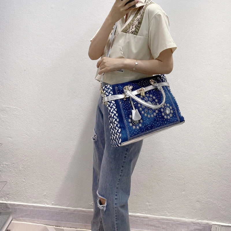 Women’s Medium Denim Geometric Streetwear Lock Square Zipper Tote Bag