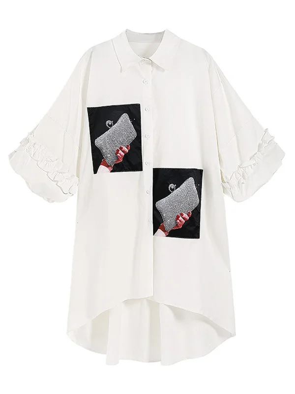 Loose High-Low Irregular Applique Shirt Dress Midi Dress