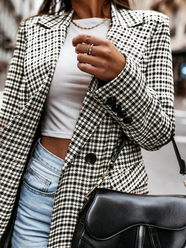 Mature Women New Blazer Button Plaid Printed Mid-length Coat
