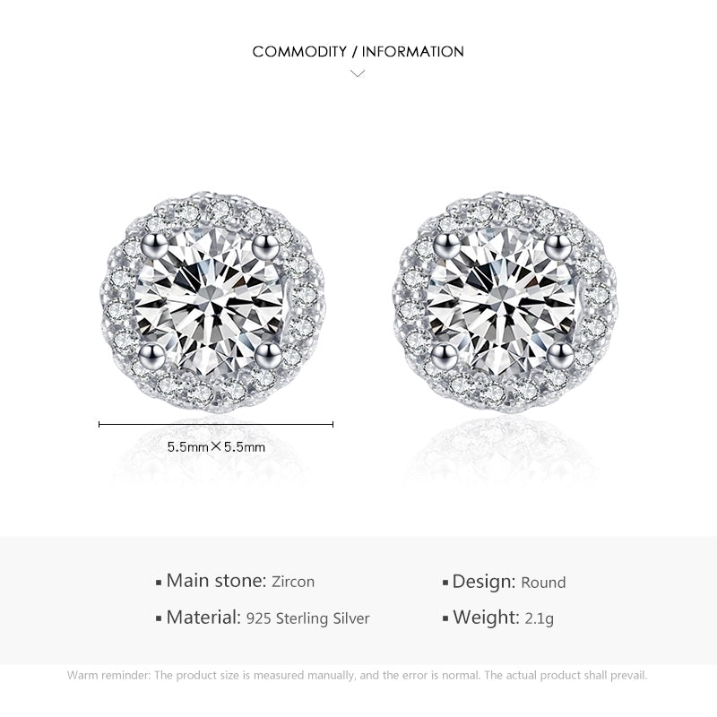 1 Pair 925 Sterling Silver Zircon Round Ear Studs