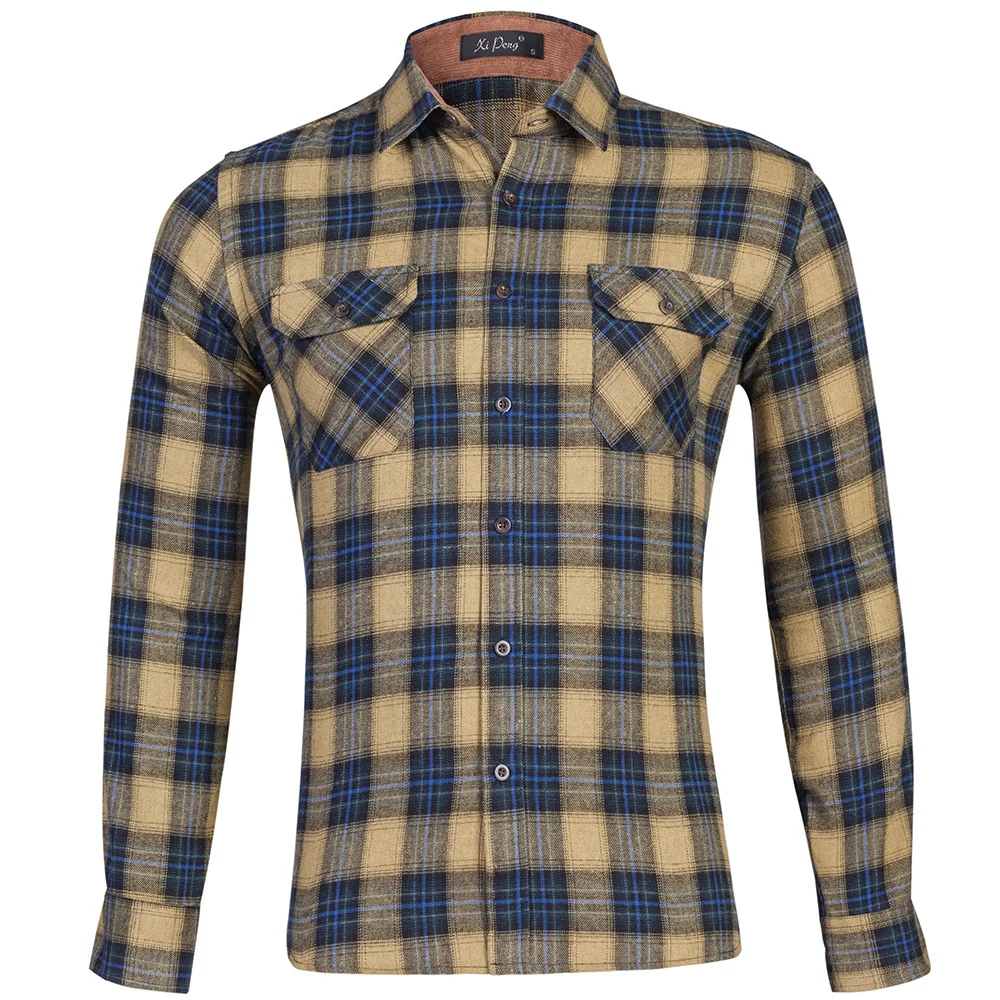 Men's Brown Flannel Cotton Brushed Plaid Shirt Oversize Long Sleeve Plaid Shirts Ture US Size