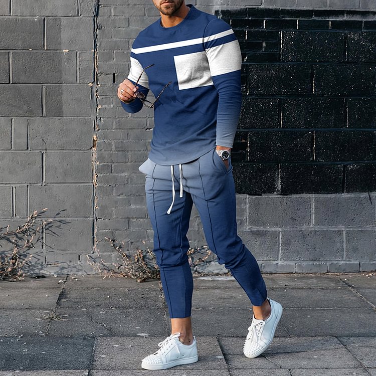 BrosWear Blue Geometry T-Shirt And Pants Two Piece Set