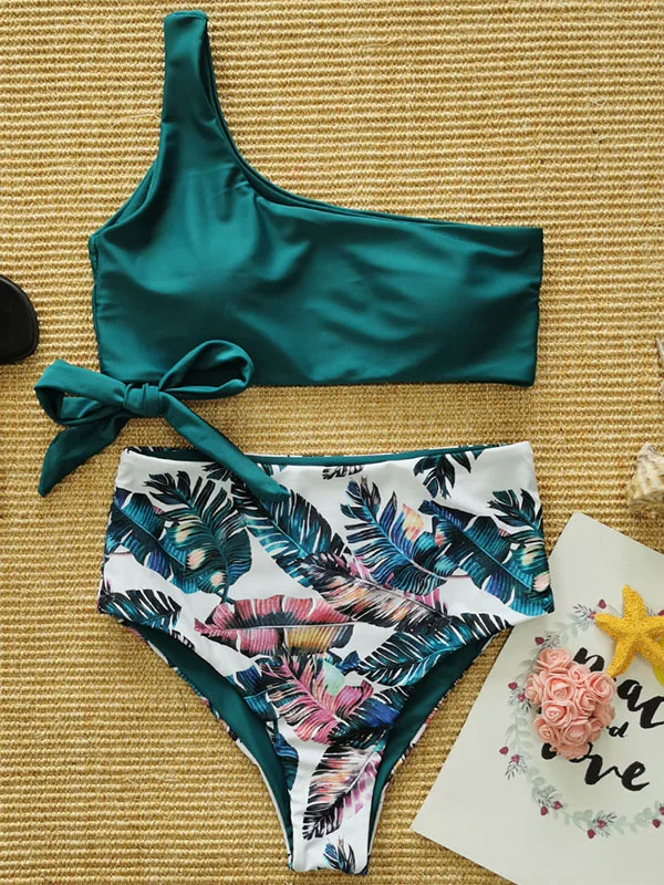 One-Shoulder Floral-Print High-Waisted Bikini Swimwear 