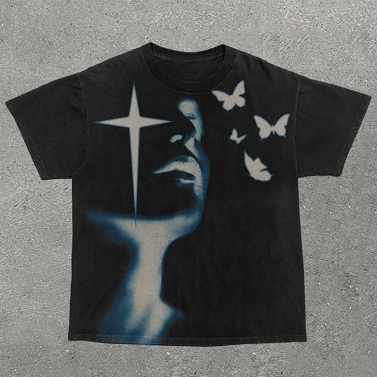Casual Cross & Butterfly Print Short Sleeve T-shirt
