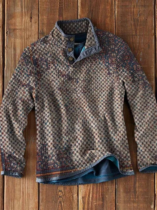 Men's Waffle Collar Printed Long Sleeve T-Shirt